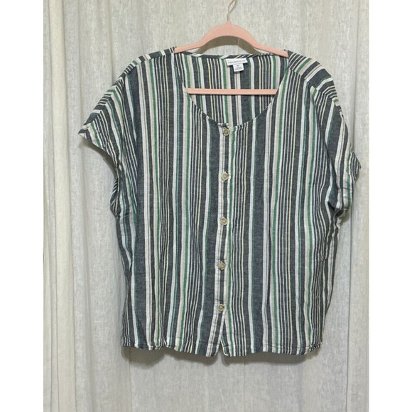 Liz ClaiborneWoman's Striped Button Front Shirt Cap Sleeves Size XL Linen Blend - Picture 3 of 8